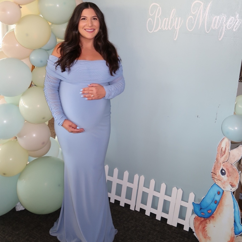 Club London Elegant Light Blue Off-Shoulder Maternity Dress